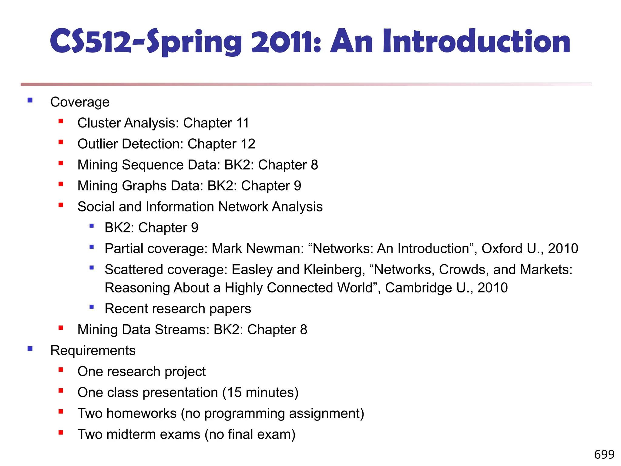 699
CS512-Spring 2011: An Introduction
 Coverage
 Cluster Analysis: Chapter 11
 Outlier Detection: Chapter 12
 Mining Sequence Data: BK2: Chapter 8
 Mining Graphs Data: BK2: Chapter 9
 Social and Information Network Analysis

BK2: Chapter 9

Partial coverage: Mark Newman: “Networks: An Introduction”, Oxford U., 2010

Scattered coverage: Easley and Kleinberg, “Networks, Crowds, and Markets:
Reasoning About a Highly Connected World”, Cambridge U., 2010

Recent research papers
 Mining Data Streams: BK2: Chapter 8
 Requirements
 One research project
 One class presentation (15 minutes)
 Two homeworks (no programming assignment)
 Two midterm exams (no final exam)
 