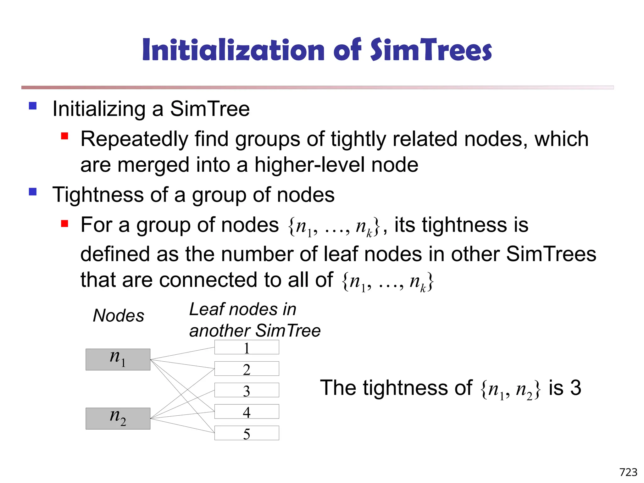 Initialization of SimTrees
 Initializing a SimTree
 Repeatedly find groups of tightly related nodes, which
are merged into a higher-level node
 Tightness of a group of nodes
 For a group of nodes {n1, …, nk}, its tightness is
defined as the number of leaf nodes in other SimTrees
that are connected to all of {n1, …, nk}
n1
1
2
3
4
5
n2
The tightness of {n1, n2} is 3
Nodes Leaf nodes in
another SimTree
723
 