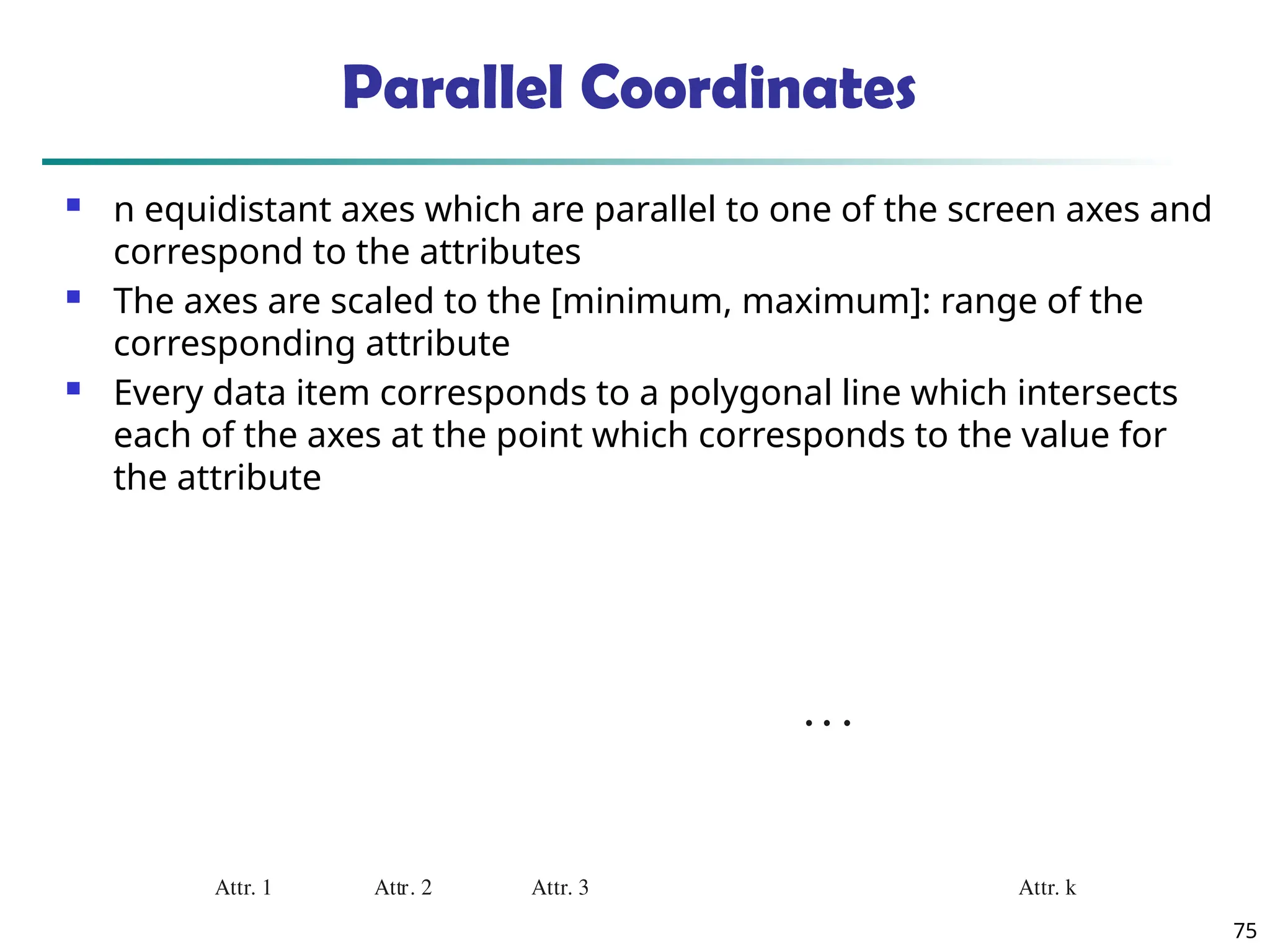 75
Attr. 1 Attr. 2 Attr. k
Attr. 3
• • •
Parallel Coordinates
 n equidistant axes which are parallel to one of the screen axes and
correspond to the attributes
 The axes are scaled to the [minimum, maximum]: range of the
corresponding attribute
 Every data item corresponds to a polygonal line which intersects
each of the axes at the point which corresponds to the value for
the attribute
 