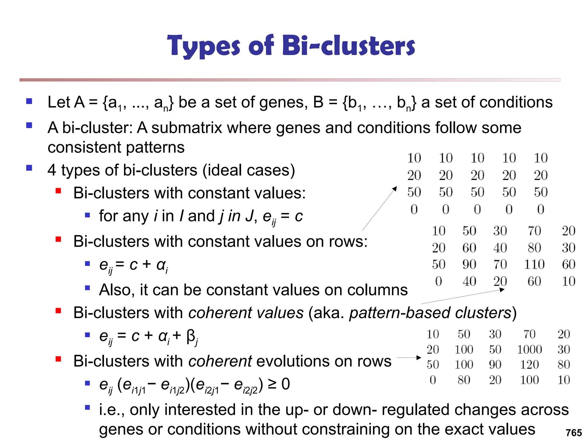 Types of Bi-clusters
 Let A = {a1, ..., an} be a set of genes, B = {b1, …, bn} a set of conditions
 A bi-cluster: A submatrix where genes and conditions follow some
consistent patterns
 4 types of bi-clusters (ideal cases)
 Bi-clusters with constant values:
 for any i in I and j in J, eij = c
 Bi-clusters with constant values on rows:
 eij = c + αi

Also, it can be constant values on columns
 Bi-clusters with coherent values (aka. pattern-based clusters)
 eij = c + αi + βj
 Bi-clusters with coherent evolutions on rows
 eij (ei1j1− ei1j2)(ei2j1− ei2j2) ≥ 0

i.e., only interested in the up- or down- regulated changes across
genes or conditions without constraining on the exact values 765
 