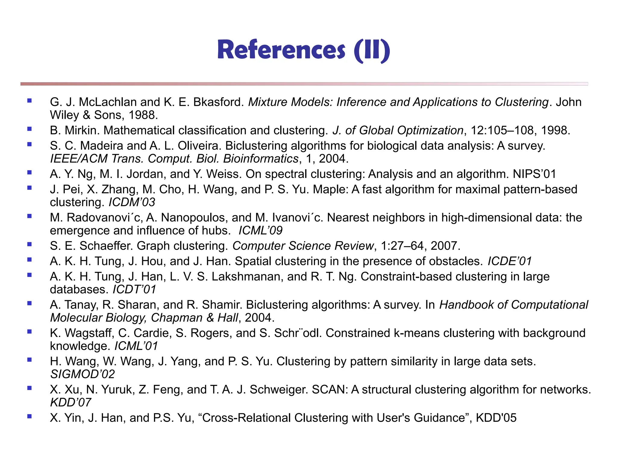 References (II)
 G. J. McLachlan and K. E. Bkasford. Mixture Models: Inference and Applications to Clustering. John
Wiley & Sons, 1988.
 B. Mirkin. Mathematical classification and clustering. J. of Global Optimization, 12:105–108, 1998.
 S. C. Madeira and A. L. Oliveira. Biclustering algorithms for biological data analysis: A survey.
IEEE/ACM Trans. Comput. Biol. Bioinformatics, 1, 2004.
 A. Y. Ng, M. I. Jordan, and Y. Weiss. On spectral clustering: Analysis and an algorithm. NIPS’01
 J. Pei, X. Zhang, M. Cho, H. Wang, and P. S. Yu. Maple: A fast algorithm for maximal pattern-based
clustering. ICDM’03
 M. Radovanovi´c, A. Nanopoulos, and M. Ivanovi´c. Nearest neighbors in high-dimensional data: the
emergence and influence of hubs. ICML’09
 S. E. Schaeffer. Graph clustering. Computer Science Review, 1:27–64, 2007.
 A. K. H. Tung, J. Hou, and J. Han. Spatial clustering in the presence of obstacles. ICDE’01
 A. K. H. Tung, J. Han, L. V. S. Lakshmanan, and R. T. Ng. Constraint-based clustering in large
databases. ICDT’01
 A. Tanay, R. Sharan, and R. Shamir. Biclustering algorithms: A survey. In Handbook of Computational
Molecular Biology, Chapman & Hall, 2004.
 K. Wagstaff, C. Cardie, S. Rogers, and S. Schr¨odl. Constrained k-means clustering with background
knowledge. ICML’01
 H. Wang, W. Wang, J. Yang, and P. S. Yu. Clustering by pattern similarity in large data sets.
SIGMOD’02
 X. Xu, N. Yuruk, Z. Feng, and T. A. J. Schweiger. SCAN: A structural clustering algorithm for networks.
KDD’07
 X. Yin, J. Han, and P.S. Yu, “Cross-Relational Clustering with User's Guidance”, KDD'05
 