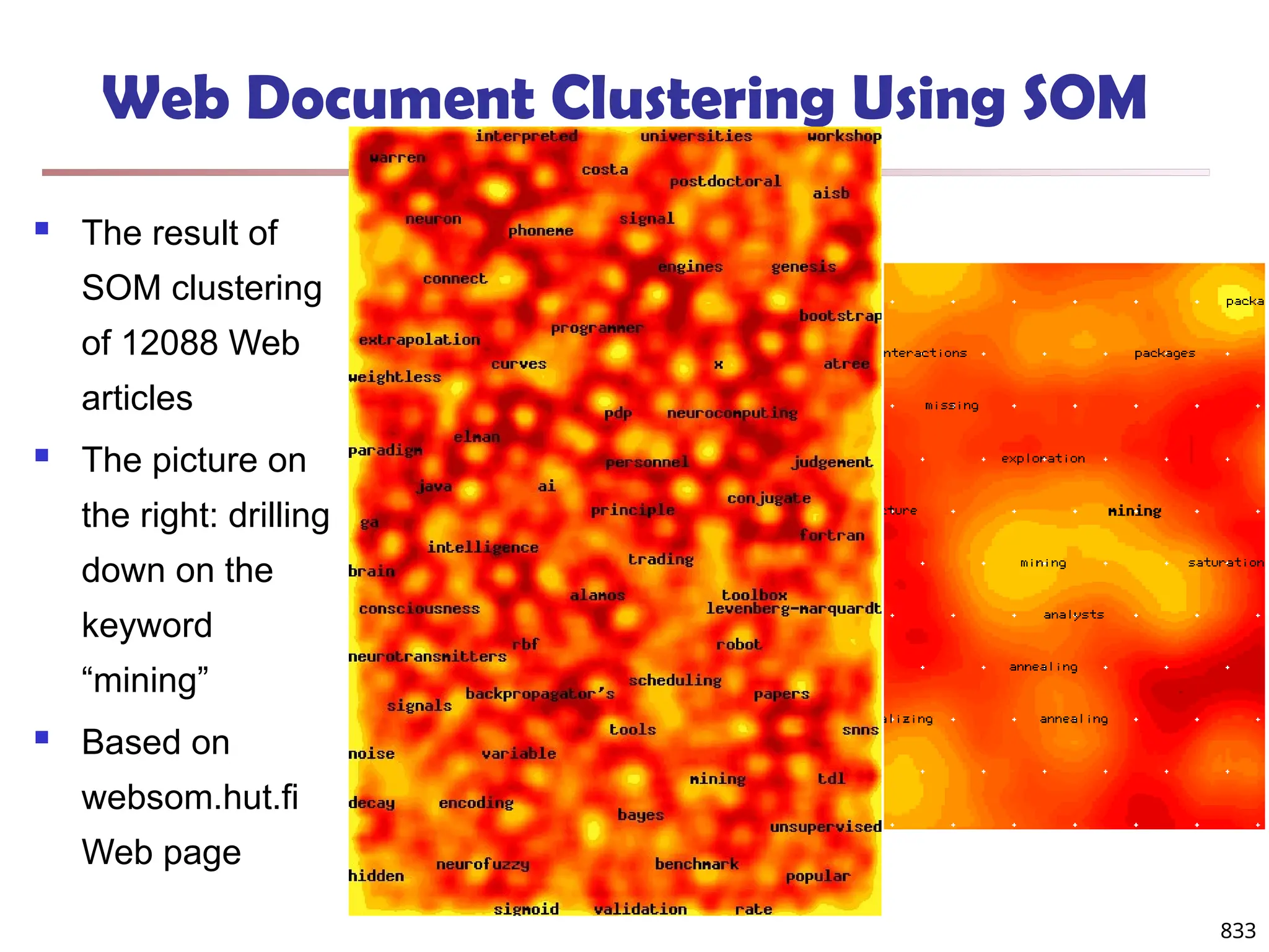 833
Web Document Clustering Using SOM
 The result of
SOM clustering
of 12088 Web
articles
 The picture on
the right: drilling
down on the
keyword
“mining”
 Based on
websom.hut.fi
Web page
 