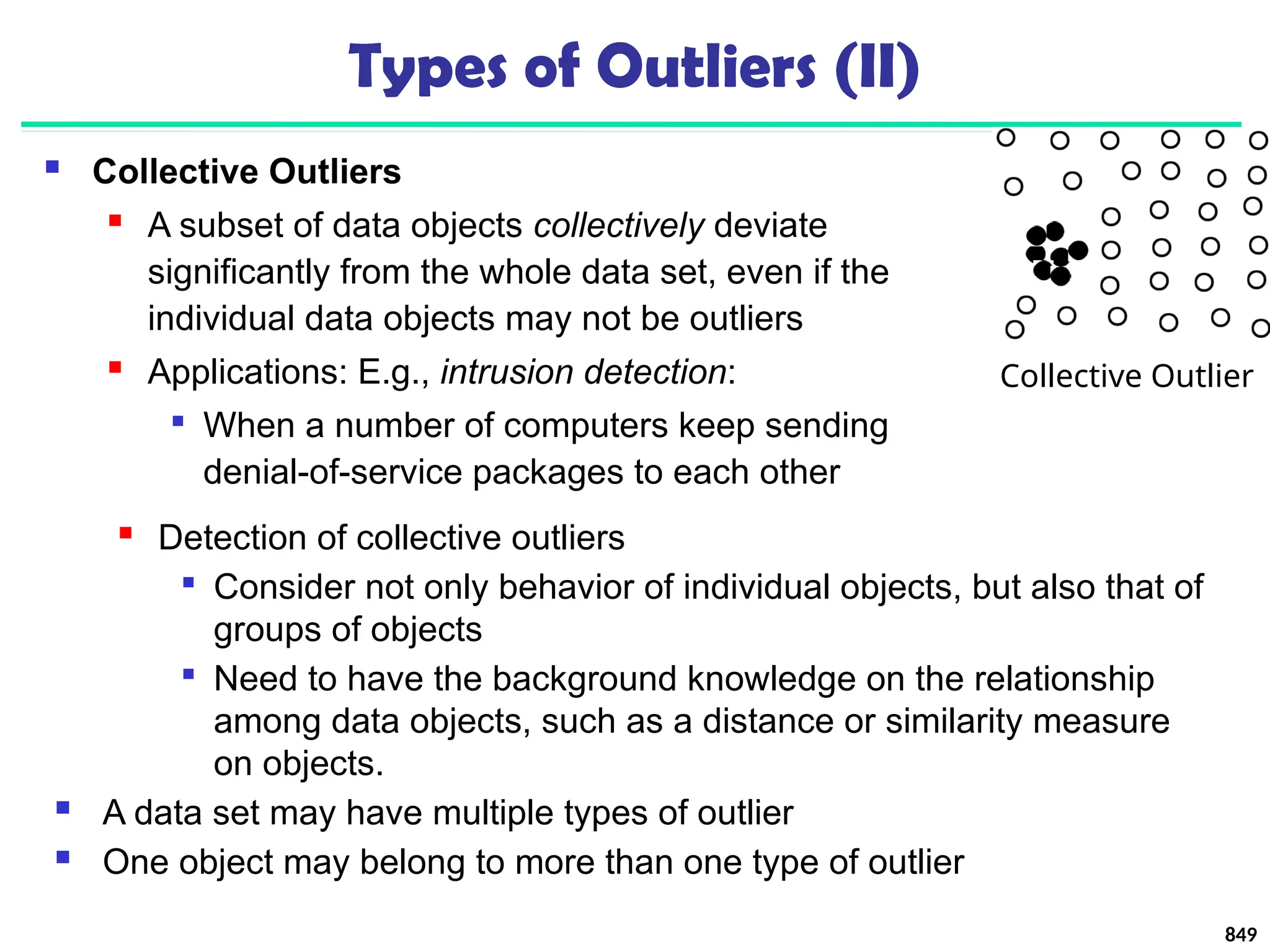 849
Types of Outliers (II)
 Collective Outliers
 A subset of data objects collectively deviate
significantly from the whole data set, even if the
individual data objects may not be outliers
 Applications: E.g., intrusion detection:

When a number of computers keep sending
denial-of-service packages to each other
Collective Outlier
 Detection of collective outliers

Consider not only behavior of individual objects, but also that of
groups of objects

Need to have the background knowledge on the relationship
among data objects, such as a distance or similarity measure
on objects.
 A data set may have multiple types of outlier
 One object may belong to more than one type of outlier
 