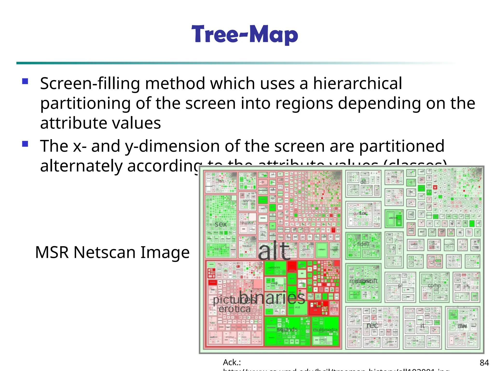 84
Tree-Map
 Screen-filling method which uses a hierarchical
partitioning of the screen into regions depending on the
attribute values
 The x- and y-dimension of the screen are partitioned
alternately according to the attribute values (classes)
MSR Netscan Image
Ack.:
 