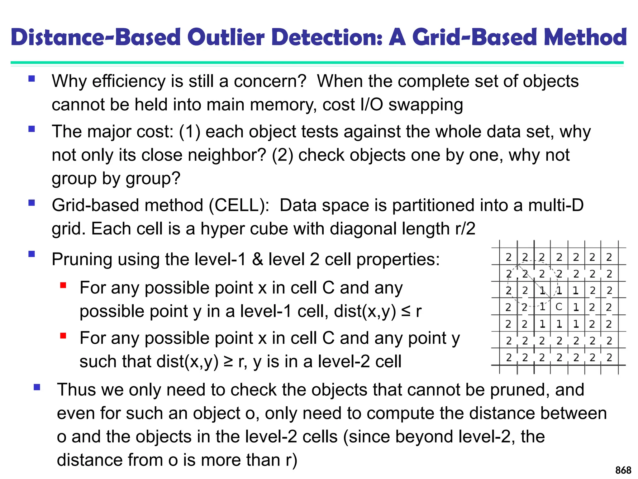 Distance-Based Outlier Detection: A Grid-Based Method
 Why efficiency is still a concern? When the complete set of objects
cannot be held into main memory, cost I/O swapping
 The major cost: (1) each object tests against the whole data set, why
not only its close neighbor? (2) check objects one by one, why not
group by group?
 Grid-based method (CELL): Data space is partitioned into a multi-D
grid. Each cell is a hyper cube with diagonal length r/2
868

Pruning using the level-1 & level 2 cell properties:
 For any possible point x in cell C and any
possible point y in a level-1 cell, dist(x,y) ≤ r
 For any possible point x in cell C and any point y
such that dist(x,y) ≥ r, y is in a level-2 cell
 Thus we only need to check the objects that cannot be pruned, and
even for such an object o, only need to compute the distance between
o and the objects in the level-2 cells (since beyond level-2, the
distance from o is more than r)
 