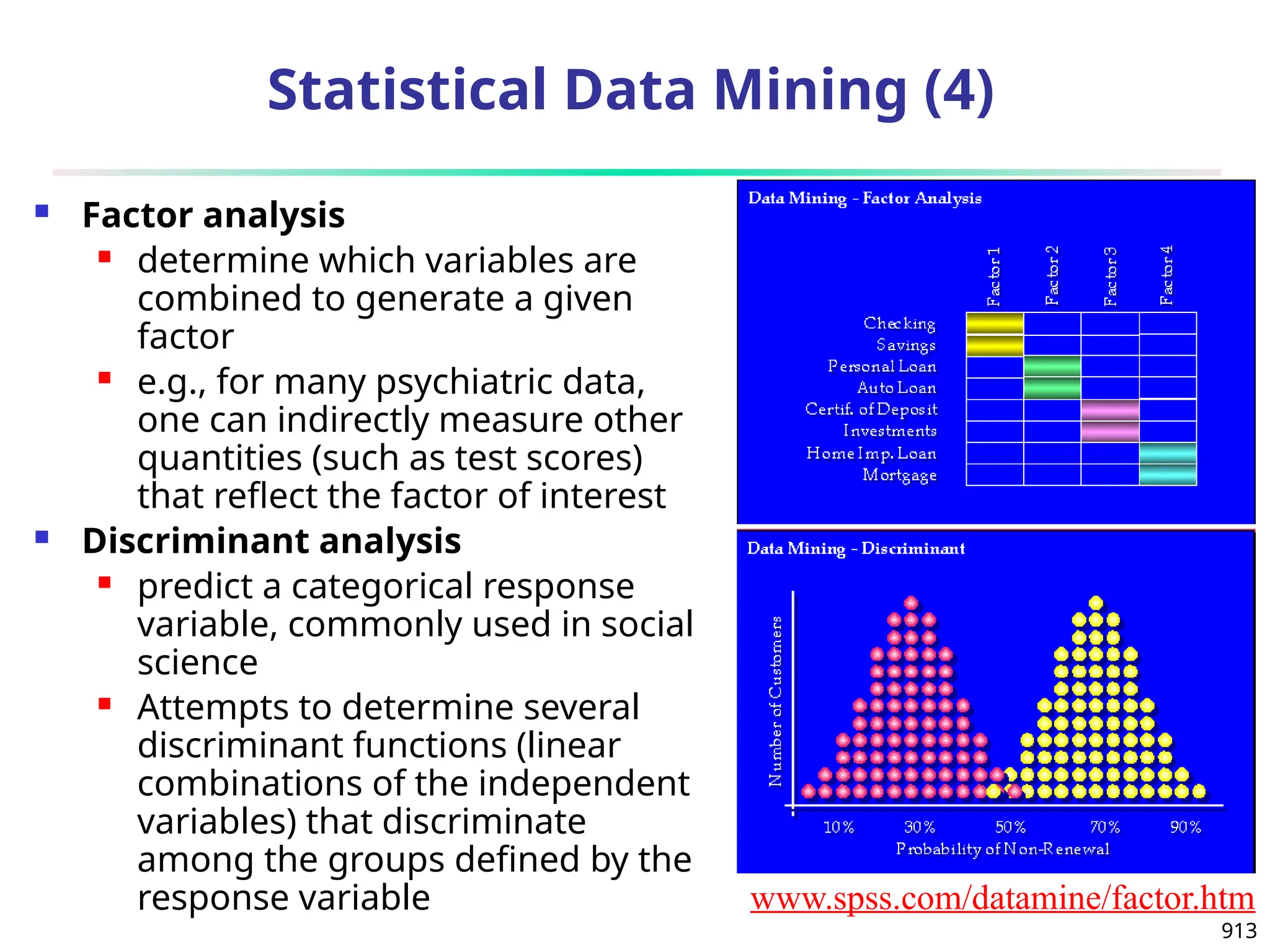 913
Statistical Data Mining (4)
 Factor analysis
 determine which variables are
combined to generate a given
factor
 e.g., for many psychiatric data,
one can indirectly measure other
quantities (such as test scores)
that reflect the factor of interest
 Discriminant analysis
 predict a categorical response
variable, commonly used in social
science
 Attempts to determine several
discriminant functions (linear
combinations of the independent
variables) that discriminate
among the groups defined by the
response variable www.spss.com/datamine/factor.htm
 