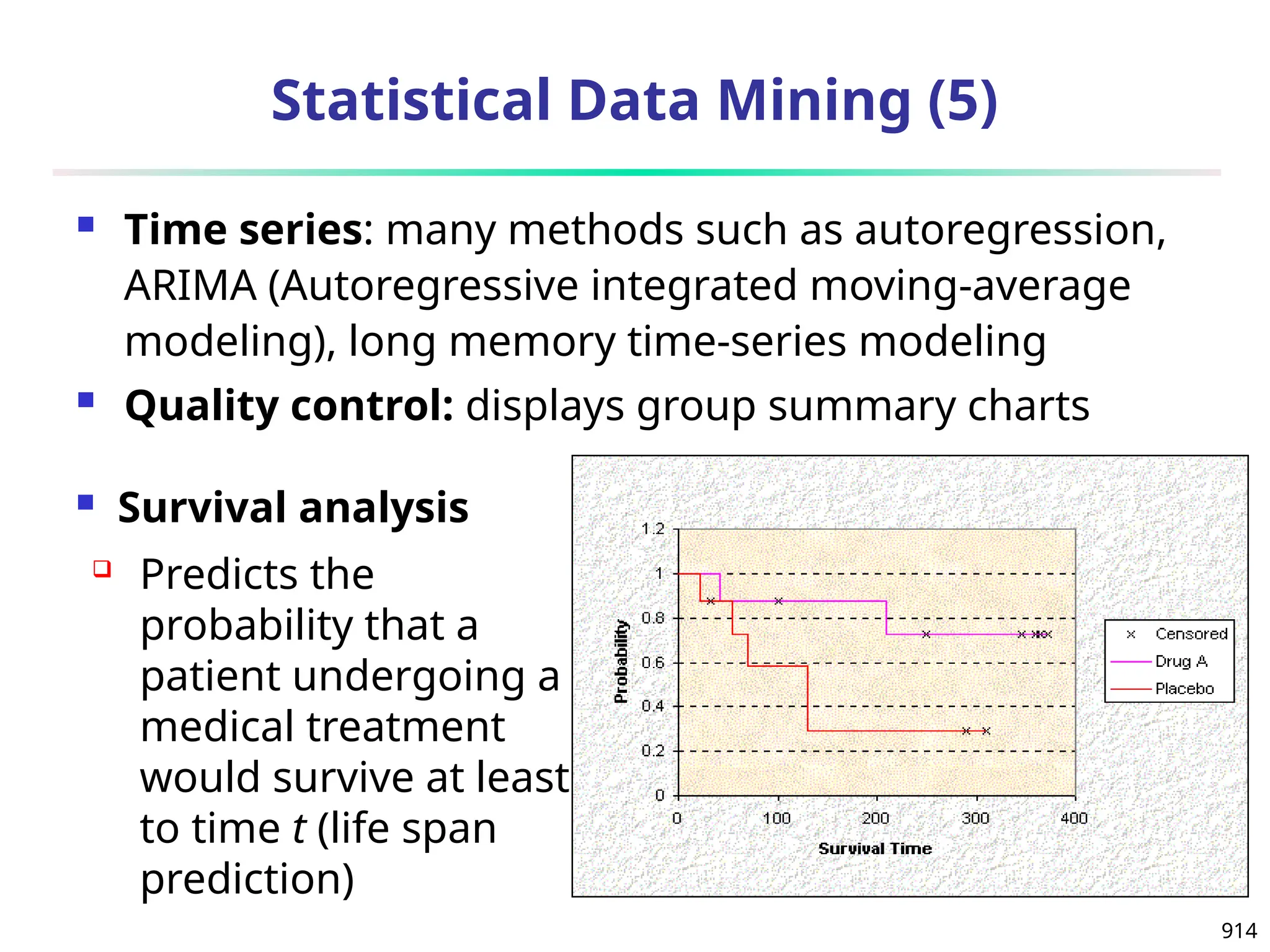 914
Statistical Data Mining (5)
 Time series: many methods such as autoregression,
ARIMA (Autoregressive integrated moving-average
modeling), long memory time-series modeling
 Quality control: displays group summary charts
 Survival analysis
 Predicts the
probability that a
patient undergoing a
medical treatment
would survive at least
to time t (life span
prediction)
 