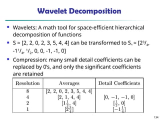 134
Wavelet Decomposition
 Wavelets: A math tool for space-efficient hierarchical
decomposition of functions
 S = [2, 2, 0, 2, 3, 5, 4, 4] can be transformed to S^ = [23
/4,
-11
/4, 1
/2, 0, 0, -1, -1, 0]
 Compression: many small detail coefficients can be
replaced by 0’s, and only the significant coefficients
are retained
 