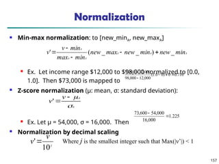 157
Normalization
 Min-max normalization: to [new_minA, new_maxA]
 Ex. Let income range $12,000 to $98,000 normalized to [0.0,
1.0]. Then $73,000 is mapped to
 Z-score normalization (μ: mean, σ: standard deviation):
 Ex. Let μ = 54,000, σ = 16,000. Then
 Normalization by decimal scaling
716
.
0
0
)
0
0
.
1
(
000
,
12
000
,
98
000
,
12
600
,
73





A
A
A
A
A
A
min
new
min
new
max
new
min
max
min
v
v _
)
_
_
(
' 




A
A
v
v




'
j
v
v
10
' Where j is the smallest integer such that Max(|ν’|) < 1
225
.
1
000
,
16
000
,
54
600
,
73


 