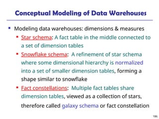 186
Conceptual Modeling of Data Warehouses
 Modeling data warehouses: dimensions & measures
 Star schema: A fact table in the middle connected to
a set of dimension tables
 Snowflake schema: A refinement of star schema
where some dimensional hierarchy is normalized
into a set of smaller dimension tables, forming a
shape similar to snowflake
 Fact constellations: Multiple fact tables share
dimension tables, viewed as a collection of stars,
therefore called galaxy schema or fact constellation
 