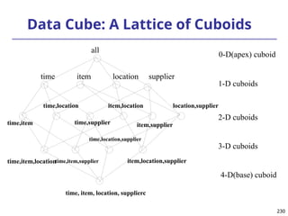 230
230
Data Cube: A Lattice of Cuboids
time,item
time,item,location
time, item, location, supplierc
all
time item location supplier
time,location
time,supplier
item,location
item,supplier
location,supplier
time,item,supplier
time,location,supplier
item,location,supplier
0-D(apex) cuboid
1-D cuboids
2-D cuboids
3-D cuboids
4-D(base) cuboid
 