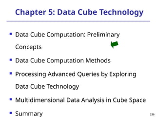 236
236
Chapter 5: Data Cube Technology
 Data Cube Computation: Preliminary
Concepts
 Data Cube Computation Methods
 Processing Advanced Queries by Exploring
Data Cube Technology
 Multidimensional Data Analysis in Cube Space
 Summary
 