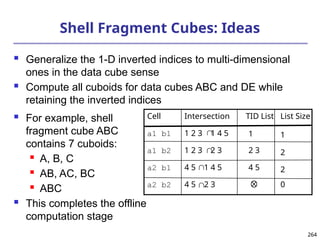 264
264
Shell Fragment Cubes: Ideas
 Generalize the 1-D inverted indices to multi-dimensional
ones in the data cube sense
 Compute all cuboids for data cubes ABC and DE while
retaining the inverted indices
 For example, shell
fragment cube ABC
contains 7 cuboids:
 A, B, C
 AB, AC, BC
 ABC
 This completes the offline
computation stage
1
1
1 2 3 1 4 5
a1 b1
0
4 5 2 3
a2 b2
2
4 5
4 5 1 4 5
a2 b1
2
2 3
1 2 3 2 3
a1 b2
List Size
TID List
Intersection
Cell










 