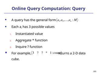 269
269
Online Query Computation: Query
 A query has the general form
 Each ai has 3 possible values
1. Instantiated value
2. Aggregate * function
3. Inquire ? function
 For example, returns a 2-D data
cube.


a1,a2,,an : M

3 ? ? * 1:count
 