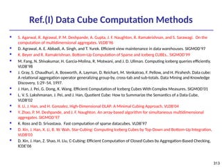 313
313
Ref.(I) Data Cube Computation Methods
 S. Agarwal, R. Agrawal, P. M. Deshpande, A. Gupta, J. F. Naughton, R. Ramakrishnan, and S. Sarawagi. On the
computation of multidimensional aggregates. VLDB’96
 D. Agrawal, A. E. Abbadi, A. Singh, and T. Yurek. Efficient view maintenance in data warehouses. SIGMOD’97
 K. Beyer and R. Ramakrishnan. Bottom-Up Computation of Sparse and Iceberg CUBEs.. SIGMOD’99
 M. Fang, N. Shivakumar, H. Garcia-Molina, R. Motwani, and J. D. Ullman. Computing iceberg queries efficiently.
VLDB’98
 J. Gray, S. Chaudhuri, A. Bosworth, A. Layman, D. Reichart, M. Venkatrao, F. Pellow, and H. Pirahesh. Data cube:
A relational aggregation operator generalizing group-by, cross-tab and sub-totals. Data Mining and Knowledge
Discovery, 1:29–54, 1997.
 J. Han, J. Pei, G. Dong, K. Wang. Efficient Computation of Iceberg Cubes With Complex Measures. SIGMOD’01
 L. V. S. Lakshmanan, J. Pei, and J. Han, Quotient Cube: How to Summarize the Semantics of a Data Cube,
VLDB'02
 X. Li, J. Han, and H. Gonzalez, High-Dimensional OLAP: A Minimal Cubing Approach, VLDB'04
 Y. Zhao, P. M. Deshpande, and J. F. Naughton. An array-based algorithm for simultaneous multidimensional
aggregates. SIGMOD’97
 K. Ross and D. Srivastava. Fast computation of sparse datacubes. VLDB’97
 D. Xin, J. Han, X. Li, B. W. Wah, Star-Cubing: Computing Iceberg Cubes by Top-Down and Bottom-Up Integration,
VLDB'03
 D. Xin, J. Han, Z. Shao, H. Liu, C-Cubing: Efficient Computation of Closed Cubes by Aggregation-Based Checking,
ICDE'06
 