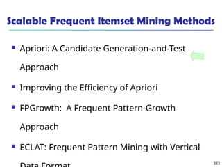 333
Scalable Frequent Itemset Mining Methods
 Apriori: A Candidate Generation-and-Test
Approach
 Improving the Efficiency of Apriori
 FPGrowth: A Frequent Pattern-Growth
Approach
 ECLAT: Frequent Pattern Mining with Vertical
 