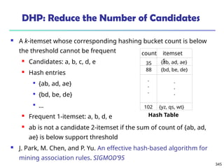 345
DHP: Reduce the Number of Candidates
 A k-itemset whose corresponding hashing bucket count is below
the threshold cannot be frequent
 Candidates: a, b, c, d, e
 Hash entries

{ab, ad, ae}

{bd, be, de}

…
 Frequent 1-itemset: a, b, d, e
 ab is not a candidate 2-itemset if the sum of count of {ab, ad,
ae} is below support threshold
 J. Park, M. Chen, and P. Yu. An effective hash-based algorithm for
mining association rules. SIGMOD’95
count itemset
s
35 {ab, ad, ae}
{yz, qs, wt}
88
102
.
.
.
{bd, be, de}
.
.
.
Hash Table
 