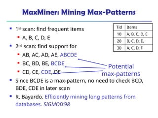 MaxMiner: Mining Max-Patterns
 1st
scan: find frequent items
 A, B, C, D, E
 2nd
scan: find support for
 AB, AC, AD, AE, ABCDE
 BC, BD, BE, BCDE
 CD, CE, CDE, DE
 Since BCDE is a max-pattern, no need to check BCD,
BDE, CDE in later scan
 R. Bayardo. Efficiently mining long patterns from
databases. SIGMOD’98
Tid Items
10 A, B, C, D, E
20 B, C, D, E,
30 A, C, D, F
Potential
max-patterns
 