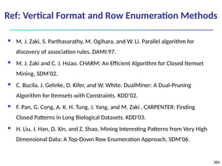 386
Ref: Vertical Format and Row Enumeration Methods
 M. J. Zaki, S. Parthasarathy, M. Ogihara, and W. Li. Parallel algorithm for
discovery of association rules. DAMI:97.
 M. J. Zaki and C. J. Hsiao. CHARM: An Efficient Algorithm for Closed Itemset
Mining, SDM'02.
 C. Bucila, J. Gehrke, D. Kifer, and W. White. DualMiner: A Dual-Pruning
Algorithm for Itemsets with Constraints. KDD’02.
 F. Pan, G. Cong, A. K. H. Tung, J. Yang, and M. Zaki , CARPENTER: Finding
Closed Patterns in Long Biological Datasets. KDD'03.
 H. Liu, J. Han, D. Xin, and Z. Shao, Mining Interesting Patterns from Very High
Dimensional Data: A Top-Down Row Enumeration Approach, SDM'06.
 