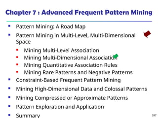 397
Chapter 7 : Advanced Frequent Pattern Mining
 Pattern Mining: A Road Map
 Pattern Mining in Multi-Level, Multi-Dimensional
Space
 Mining Multi-Level Association
 Mining Multi-Dimensional Association
 Mining Quantitative Association Rules
 Mining Rare Patterns and Negative Patterns
 Constraint-Based Frequent Pattern Mining
 Mining High-Dimensional Data and Colossal Patterns
 Mining Compressed or Approximate Patterns
 Pattern Exploration and Application
 Summary
 