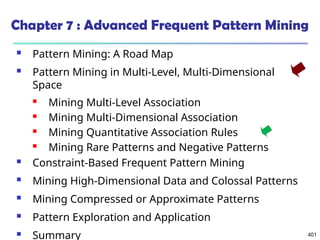 401
Chapter 7 : Advanced Frequent Pattern Mining
 Pattern Mining: A Road Map
 Pattern Mining in Multi-Level, Multi-Dimensional
Space
 Mining Multi-Level Association
 Mining Multi-Dimensional Association
 Mining Quantitative Association Rules
 Mining Rare Patterns and Negative Patterns
 Constraint-Based Frequent Pattern Mining
 Mining High-Dimensional Data and Colossal Patterns
 Mining Compressed or Approximate Patterns
 Pattern Exploration and Application
 Summary
 