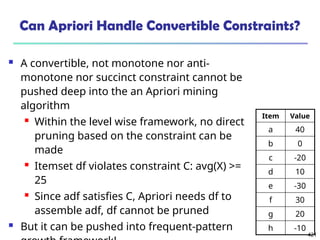 421
Can Apriori Handle Convertible Constraints?
 A convertible, not monotone nor anti-
monotone nor succinct constraint cannot be
pushed deep into the an Apriori mining
algorithm
 Within the level wise framework, no direct
pruning based on the constraint can be
made
 Itemset df violates constraint C: avg(X) >=
25
 Since adf satisfies C, Apriori needs df to
assemble adf, df cannot be pruned
 But it can be pushed into frequent-pattern
Item Value
a 40
b 0
c -20
d 10
e -30
f 30
g 20
h -10
 