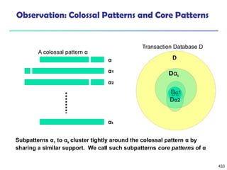 433
Observation: Colossal Patterns and Core Patterns
A colossal pattern α
D
Dα
α1
Transaction Database D
Dα1
Dα2
α2
α
αk
Dαk
Subpatterns α1 to αk cluster tightly around the colossal pattern α by
sharing a similar support. We call such subpatterns core patterns of α
 