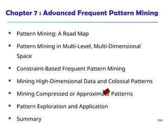 450
Chapter 7 : Advanced Frequent Pattern Mining
 Pattern Mining: A Road Map
 Pattern Mining in Multi-Level, Multi-Dimensional
Space
 Constraint-Based Frequent Pattern Mining
 Mining High-Dimensional Data and Colossal Patterns
 Mining Compressed or Approximate Patterns
 Pattern Exploration and Application
 Summary
 