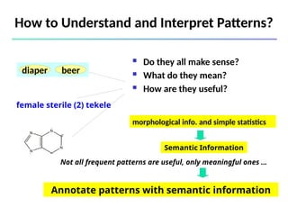  Do they all make sense?
 What do they mean?
 How are they useful?
diaper beer
female sterile (2) tekele
Annotate patterns with semantic information
morphological info. and simple statistics
Semantic Information
Not all frequent patterns are useful, only meaningful ones …
How to Understand and Interpret Patterns?
 