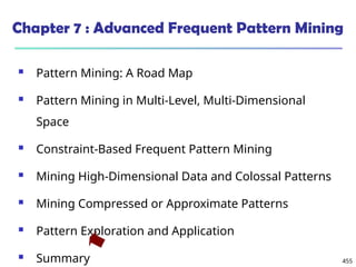 455
Chapter 7 : Advanced Frequent Pattern Mining
 Pattern Mining: A Road Map
 Pattern Mining in Multi-Level, Multi-Dimensional
Space
 Constraint-Based Frequent Pattern Mining
 Mining High-Dimensional Data and Colossal Patterns
 Mining Compressed or Approximate Patterns
 Pattern Exploration and Application
 Summary
 