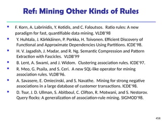 458
Ref: Mining Other Kinds of Rules
 F. Korn, A. Labrinidis, Y. Kotidis, and C. Faloutsos. Ratio rules: A new
paradigm for fast, quantifiable data mining. VLDB'98
 Y. Huhtala, J. Kärkkäinen, P. Porkka, H. Toivonen. Efficient Discovery of
Functional and Approximate Dependencies Using Partitions. ICDE’98.
 H. V. Jagadish, J. Madar, and R. Ng. Semantic Compression and Pattern
Extraction with Fascicles. VLDB'99
 B. Lent, A. Swami, and J. Widom. Clustering association rules. ICDE'97.
 R. Meo, G. Psaila, and S. Ceri. A new SQL-like operator for mining
association rules. VLDB'96.
 A. Savasere, E. Omiecinski, and S. Navathe. Mining for strong negative
associations in a large database of customer transactions. ICDE'98.
 D. Tsur, J. D. Ullman, S. Abitboul, C. Clifton, R. Motwani, and S. Nestorov.
Query flocks: A generalization of association-rule mining. SIGMOD'98.
 
