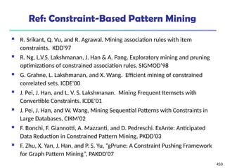 459
Ref: Constraint-Based Pattern Mining
 R. Srikant, Q. Vu, and R. Agrawal. Mining association rules with item
constraints. KDD'97
 R. Ng, L.V.S. Lakshmanan, J. Han & A. Pang. Exploratory mining and pruning
optimizations of constrained association rules. SIGMOD’98
 G. Grahne, L. Lakshmanan, and X. Wang. Efficient mining of constrained
correlated sets. ICDE'00
 J. Pei, J. Han, and L. V. S. Lakshmanan. Mining Frequent Itemsets with
Convertible Constraints. ICDE'01
 J. Pei, J. Han, and W. Wang, Mining Sequential Patterns with Constraints in
Large Databases, CIKM'02
 F. Bonchi, F. Giannotti, A. Mazzanti, and D. Pedreschi. ExAnte: Anticipated
Data Reduction in Constrained Pattern Mining, PKDD'03
 F. Zhu, X. Yan, J. Han, and P. S. Yu, “gPrune: A Constraint Pushing Framework
for Graph Pattern Mining”, PAKDD'07
 