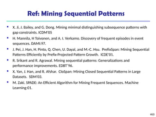 460
Ref: Mining Sequential Patterns
 X. Ji, J. Bailey, and G. Dong. Mining minimal distinguishing subsequence patterns with
gap constraints. ICDM'05
 H. Mannila, H Toivonen, and A. I. Verkamo. Discovery of frequent episodes in event
sequences. DAMI:97.
 J. Pei, J. Han, H. Pinto, Q. Chen, U. Dayal, and M.-C. Hsu. PrefixSpan: Mining Sequential
Patterns Efficiently by Prefix-Projected Pattern Growth. ICDE'01.
 R. Srikant and R. Agrawal. Mining sequential patterns: Generalizations and
performance improvements. EDBT’96.
 X. Yan, J. Han, and R. Afshar. CloSpan: Mining Closed Sequential Patterns in Large
Datasets. SDM'03.
 M. Zaki. SPADE: An Efficient Algorithm for Mining Frequent Sequences. Machine
Learning:01.
 