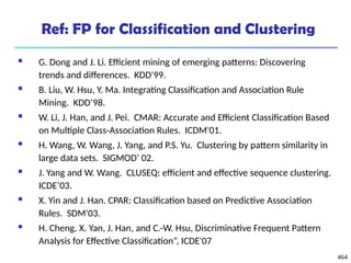 464
Ref: FP for Classification and Clustering
 G. Dong and J. Li. Efficient mining of emerging patterns: Discovering
trends and differences. KDD'99.
 B. Liu, W. Hsu, Y. Ma. Integrating Classification and Association Rule
Mining. KDD’98.
 W. Li, J. Han, and J. Pei. CMAR: Accurate and Efficient Classification Based
on Multiple Class-Association Rules. ICDM'01.
 H. Wang, W. Wang, J. Yang, and P.S. Yu. Clustering by pattern similarity in
large data sets. SIGMOD’ 02.
 J. Yang and W. Wang. CLUSEQ: efficient and effective sequence clustering.
ICDE’03.
 X. Yin and J. Han. CPAR: Classification based on Predictive Association
Rules. SDM'03.
 H. Cheng, X. Yan, J. Han, and C.-W. Hsu, Discriminative Frequent Pattern
Analysis for Effective Classification”, ICDE'07
 