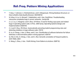 469
Ref: Freq. Pattern Mining Applications
 T. Dasu, T. Johnson, S. Muthukrishnan, and V. Shkapenyuk. Mining Database Structure; or
How to Build a Data Quality Browser. SIGMOD'02
 M. Khan, H. Le, H. Ahmadi, T. Abdelzaher, and J. Han. DustMiner: Troubleshooting
interactive complexity bugs in sensor networks., SenSys'08
 Z. Li, S. Lu, S. Myagmar, and Y. Zhou. CP-Miner: A tool for finding copy-paste and related
bugs in operating system code. In Proc. 2004 Symp. Operating Systems Design and
Implementation (OSDI'04)
 Z. Li and Y. Zhou. PR-Miner: Automatically extracting implicit programming rules and
detecting violations in large software code. FSE'05
 D. Lo, H. Cheng, J. Han, S. Khoo, and C. Sun. Classification of software behaviors for failure
detection: A discriminative pattern mining approach. KDD'09
 Q. Mei, D. Xin, H. Cheng, J. Han, and C. Zhai. Semantic annotation of frequent patterns.
ACM TKDD, 2007.
 K. Wang, S. Zhou, J. Han. Profit Mining: From Patterns to Actions. EDBT’02.
 