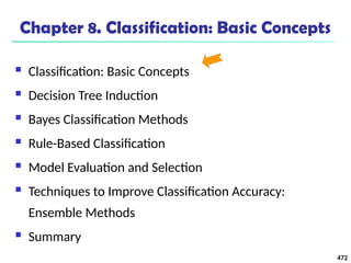 472
Chapter 8. Classification: Basic Concepts
 Classification: Basic Concepts
 Decision Tree Induction
 Bayes Classification Methods
 Rule-Based Classification
 Model Evaluation and Selection
 Techniques to Improve Classification Accuracy:
Ensemble Methods
 Summary
 