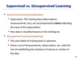 473
Supervised vs. Unsupervised Learning
 Supervised learning (classification)
 Supervision: The training data (observations,
measurements, etc.) are accompanied by labels indicating
the class of the observations
 New data is classified based on the training set
 Unsupervised learning (clustering)
 The class labels of training data is unknown
 Given a set of measurements, observations, etc. with the
aim of establishing the existence of classes or clusters in
the data
 