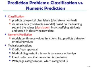474
 Classification
 predicts categorical class labels (discrete or nominal)
 classifies data (constructs a model) based on the training
set and the values (class labels) in a classifying attribute
and uses it in classifying new data
 Numeric Prediction
 models continuous-valued functions, i.e., predicts unknown
or missing values
 Typical applications
 Credit/loan approval:
 Medical diagnosis: if a tumor is cancerous or benign
 Fraud detection: if a transaction is fraudulent
 Web page categorization: which category it is
Prediction Problems: Classification vs.
Numeric Prediction
 