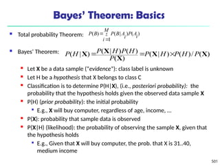 501
Bayes’ Theorem: Basics
 Total probability Theorem:
 Bayes’ Theorem:
 Let X be a data sample (“evidence”): class label is unknown
 Let H be a hypothesis that X belongs to class C
 Classification is to determine P(H|X), (i.e., posteriori probability): the
probability that the hypothesis holds given the observed data sample X
 P(H) (prior probability): the initial probability

E.g., X will buy computer, regardless of age, income, …
 P(X): probability that sample data is observed
 P(X|H) (likelihood): the probability of observing the sample X, given that
the hypothesis holds

E.g., Given that X will buy computer, the prob. that X is 31..40,
medium income
)
(
)
1
|
(
)
(
i
A
P
M
i i
A
B
P
B
P 


)
(
/
)
(
)
|
(
)
(
)
(
)
|
(
)
|
( X
X
X
X
X P
H
P
H
P
P
H
P
H
P
H
P 


 