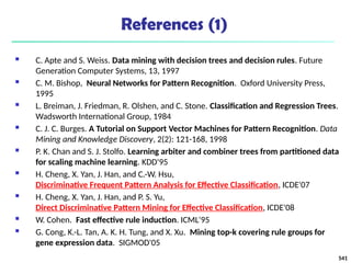References (1)
 C. Apte and S. Weiss. Data mining with decision trees and decision rules. Future
Generation Computer Systems, 13, 1997
 C. M. Bishop, Neural Networks for Pattern Recognition. Oxford University Press,
1995
 L. Breiman, J. Friedman, R. Olshen, and C. Stone. Classification and Regression Trees.
Wadsworth International Group, 1984
 C. J. C. Burges. A Tutorial on Support Vector Machines for Pattern Recognition. Data
Mining and Knowledge Discovery, 2(2): 121-168, 1998
 P. K. Chan and S. J. Stolfo. Learning arbiter and combiner trees from partitioned data
for scaling machine learning. KDD'95
 H. Cheng, X. Yan, J. Han, and C.-W. Hsu,
Discriminative Frequent Pattern Analysis for Effective Classification, ICDE'07
 H. Cheng, X. Yan, J. Han, and P. S. Yu,
Direct Discriminative Pattern Mining for Effective Classification, ICDE'08
 W. Cohen. Fast effective rule induction. ICML'95
 G. Cong, K.-L. Tan, A. K. H. Tung, and X. Xu. Mining top-k covering rule groups for
gene expression data. SIGMOD'05
541
 