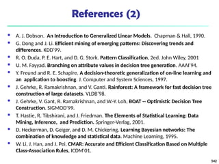 References (2)
 A. J. Dobson. An Introduction to Generalized Linear Models. Chapman & Hall, 1990.
 G. Dong and J. Li. Efficient mining of emerging patterns: Discovering trends and
differences. KDD'99.
 R. O. Duda, P. E. Hart, and D. G. Stork. Pattern Classification, 2ed. John Wiley, 2001
 U. M. Fayyad. Branching on attribute values in decision tree generation. AAAI’94.
 Y. Freund and R. E. Schapire. A decision-theoretic generalization of on-line learning and
an application to boosting. J. Computer and System Sciences, 1997.
 J. Gehrke, R. Ramakrishnan, and V. Ganti. Rainforest: A framework for fast decision tree
construction of large datasets. VLDB’98.
 J. Gehrke, V. Gant, R. Ramakrishnan, and W.-Y. Loh, BOAT -- Optimistic Decision Tree
Construction. SIGMOD'99.
 T. Hastie, R. Tibshirani, and J. Friedman. The Elements of Statistical Learning: Data
Mining, Inference, and Prediction. Springer-Verlag, 2001.
 D. Heckerman, D. Geiger, and D. M. Chickering. Learning Bayesian networks: The
combination of knowledge and statistical data. Machine Learning, 1995.
 W. Li, J. Han, and J. Pei, CMAR: Accurate and Efficient Classification Based on Multiple
Class-Association Rules, ICDM'01.
542
 