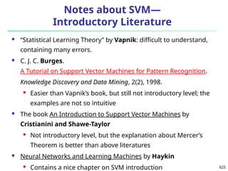 625
Notes about SVM—
Introductory Literature
 “Statistical Learning Theory” by Vapnik: difficult to understand,
containing many errors.
 C. J. C. Burges.
A Tutorial on Support Vector Machines for Pattern Recognition.
Knowledge Discovery and Data Mining, 2(2), 1998.
 Easier than Vapnik’s book, but still not introductory level; the
examples are not so intuitive
 The book An Introduction to Support Vector Machines by
Cristianini and Shawe-Taylor
 Not introductory level, but the explanation about Mercer’s
Theorem is better than above literatures
 Neural Networks and Learning Machines by Haykin
 Contains a nice chapter on SVM introduction
 