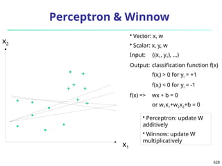 628
Perceptron & Winnow
• Vector: x, w
• Scalar: x, y, w
Input: {(x1, y1), …}
Output: classification function f(x)
f(xi) > 0 for yi = +1
f(xi) < 0 for yi = -1
f(x) => wx + b = 0
or w1x1+w2x2+b = 0
x1
x2
• Perceptron: update W
additively
• Winnow: update W
multiplicatively
 