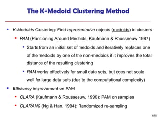 The K-Medoid Clustering Method
 K-Medoids Clustering: Find representative objects (medoids) in clusters
 PAM (Partitioning Around Medoids, Kaufmann & Rousseeuw 1987)

Starts from an initial set of medoids and iteratively replaces one
of the medoids by one of the non-medoids if it improves the total
distance of the resulting clustering

PAM works effectively for small data sets, but does not scale
well for large data sets (due to the computational complexity)
 Efficiency improvement on PAM
 CLARA (Kaufmann & Rousseeuw, 1990): PAM on samples
 CLARANS (Ng & Han, 1994): Randomized re-sampling
648
 