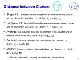 Distance between Clusters
 Single link: smallest distance between an element in one cluster
and an element in the other, i.e., dist(Ki, Kj) = min(tip, tjq)
 Complete link: largest distance between an element in one cluster
and an element in the other, i.e., dist(Ki, Kj) = max(tip, tjq)
 Average: avg distance between an element in one cluster and an
element in the other, i.e., dist(Ki, Kj) = avg(tip, tjq)
 Centroid: distance between the centroids of two clusters, i.e.,
dist(Ki, Kj) = dist(Ci, Cj)
 Medoid: distance between the medoids of two clusters, i.e., dist(Ki,
Kj) = dist(Mi, Mj)
 Medoid: a chosen, centrally located object in the cluster
X X
654
 