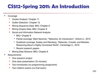 699
CS512-Spring 2011: An Introduction
 Coverage
 Cluster Analysis: Chapter 11
 Outlier Detection: Chapter 12
 Mining Sequence Data: BK2: Chapter 8
 Mining Graphs Data: BK2: Chapter 9
 Social and Information Network Analysis

BK2: Chapter 9

Partial coverage: Mark Newman: “Networks: An Introduction”, Oxford U., 2010

Scattered coverage: Easley and Kleinberg, “Networks, Crowds, and Markets:
Reasoning About a Highly Connected World”, Cambridge U., 2010

Recent research papers
 Mining Data Streams: BK2: Chapter 8
 Requirements
 One research project
 One class presentation (15 minutes)
 Two homeworks (no programming assignment)
 Two midterm exams (no final exam)
 