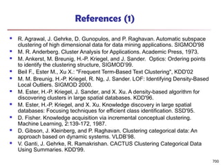 References (1)
 R. Agrawal, J. Gehrke, D. Gunopulos, and P. Raghavan. Automatic subspace
clustering of high dimensional data for data mining applications. SIGMOD'98
 M. R. Anderberg. Cluster Analysis for Applications. Academic Press, 1973.
 M. Ankerst, M. Breunig, H.-P. Kriegel, and J. Sander. Optics: Ordering points
to identify the clustering structure, SIGMOD’99.
 Beil F., Ester M., Xu X.: "Frequent Term-Based Text Clustering", KDD'02
 M. M. Breunig, H.-P. Kriegel, R. Ng, J. Sander. LOF: Identifying Density-Based
Local Outliers. SIGMOD 2000.
 M. Ester, H.-P. Kriegel, J. Sander, and X. Xu. A density-based algorithm for
discovering clusters in large spatial databases. KDD'96.
 M. Ester, H.-P. Kriegel, and X. Xu. Knowledge discovery in large spatial
databases: Focusing techniques for efficient class identification. SSD'95.
 D. Fisher. Knowledge acquisition via incremental conceptual clustering.
Machine Learning, 2:139-172, 1987.
 D. Gibson, J. Kleinberg, and P. Raghavan. Clustering categorical data: An
approach based on dynamic systems. VLDB’98.
 V. Ganti, J. Gehrke, R. Ramakrishan. CACTUS Clustering Categorical Data
Using Summaries. KDD'99.
700
 