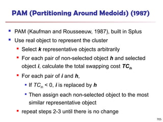 705
PAM (Partitioning Around Medoids) (1987)
 PAM (Kaufman and Rousseeuw, 1987), built in Splus
 Use real object to represent the cluster
 Select k representative objects arbitrarily
 For each pair of non-selected object h and selected
object i, calculate the total swapping cost TCih
 For each pair of i and h,
 If TCih < 0, i is replaced by h

Then assign each non-selected object to the most
similar representative object
 repeat steps 2-3 until there is no change
 