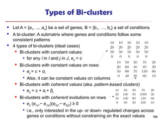 Types of Bi-clusters
 Let A = {a1, ..., an} be a set of genes, B = {b1, …, bn} a set of conditions
 A bi-cluster: A submatrix where genes and conditions follow some
consistent patterns
 4 types of bi-clusters (ideal cases)
 Bi-clusters with constant values:
 for any i in I and j in J, eij = c
 Bi-clusters with constant values on rows:
 eij = c + αi

Also, it can be constant values on columns
 Bi-clusters with coherent values (aka. pattern-based clusters)
 eij = c + αi + βj
 Bi-clusters with coherent evolutions on rows
 eij (ei1j1− ei1j2)(ei2j1− ei2j2) ≥ 0

i.e., only interested in the up- or down- regulated changes across
genes or conditions without constraining on the exact values 765
 