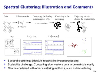 Spectral Clustering: Illustration and Comments
 Spectral clustering: Effective in tasks like image processing
 Scalability challenge: Computing eigenvectors on a large matrix is costly
 Can be combined with other clustering methods, such as bi-clustering
774
 